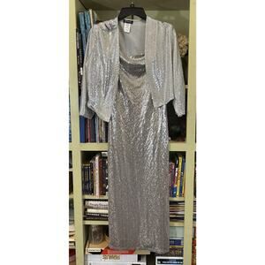 Bebe Silver Dress Sequin Maxi Small Prelude Bolero Shrug Party Gown Cocktail EUC